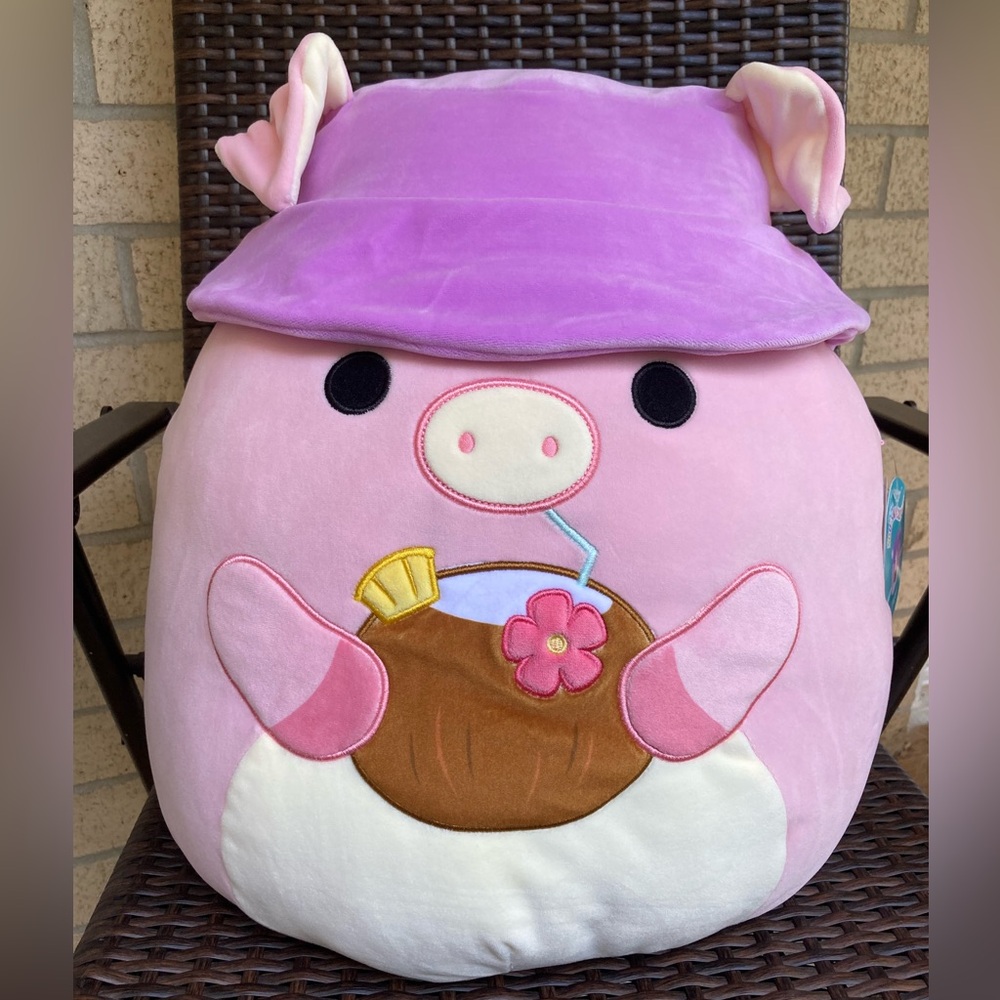 Squishmallows Peter the Pig with Purple Bucket Hat and Tropical Coconut Drink